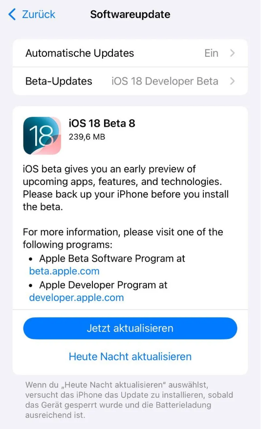 永宁苹果手机维修分享苹果 iOS / iPadOS 18 开发者预览版 Beta 8 发布 